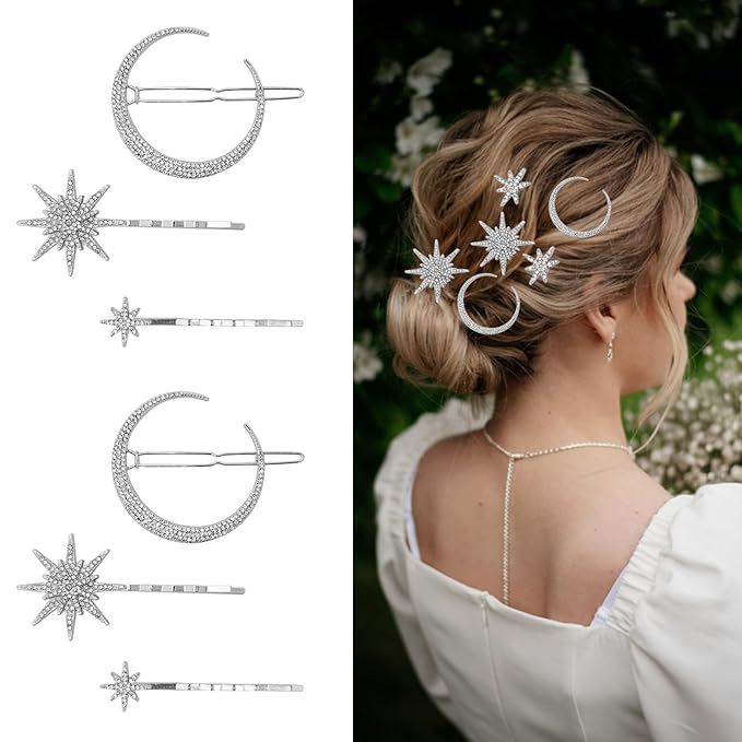 6 Pieces Rhinestone Stars Moon Hair Clips Vintage Star Hairpins Crystal Decorative Bobby Pins Metal Alloy Hair Pins Snowflake Side Clip Hair Accessories for Women Girls (Silver)