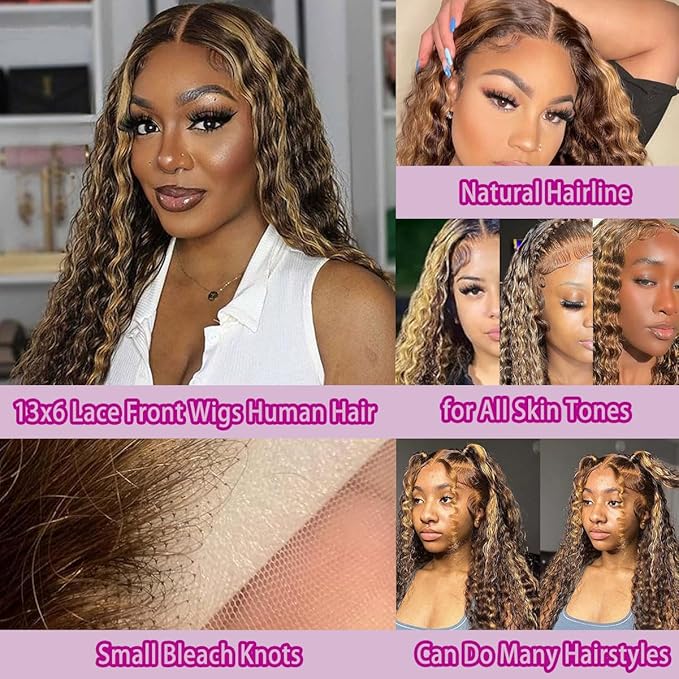 P4/27 Highlight Deep Wave Wig Human Hair 13X6 Highlight Lace Front Wig Human Hair 210% Density Ombre Curly HD Transparent Lace Frontal Wigs Human Hair Wet and Wavy Wig Pre Plucked 22 Inch