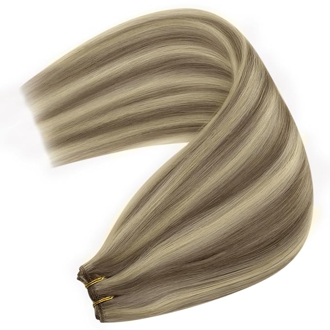 YoungSee Sew in Hair Extensions Real Human Hair Highlight Hair Extensions Weft Light Brown with Blonde Highlight Hand Tied Weft Hair Extensions Human Hair 20Inch 100G