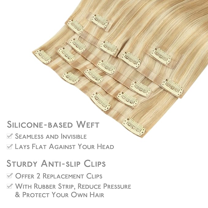 WENNALIFE Seamless Clip In Hair Extensions Human Hair, 24 Inch 160g 7pcs Light Blonde Highlighted Golden Blonde Hair Extensions Clip In Real Human Hair Extensions Invisible PU Weft Human Hair