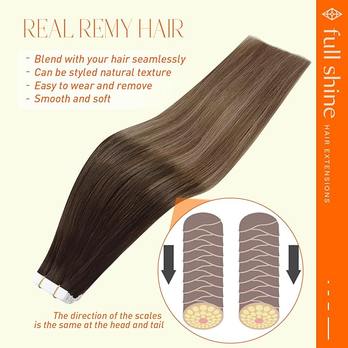 Full Shine Human Hair Tape in Extensions 22Inch Darkest Brown 2 Fading to 6 Light Brown Highlight 18 Ash Tape in Hair Extensions Human Hair Blonde Invisible Hair Extensions 20Pcs 50G