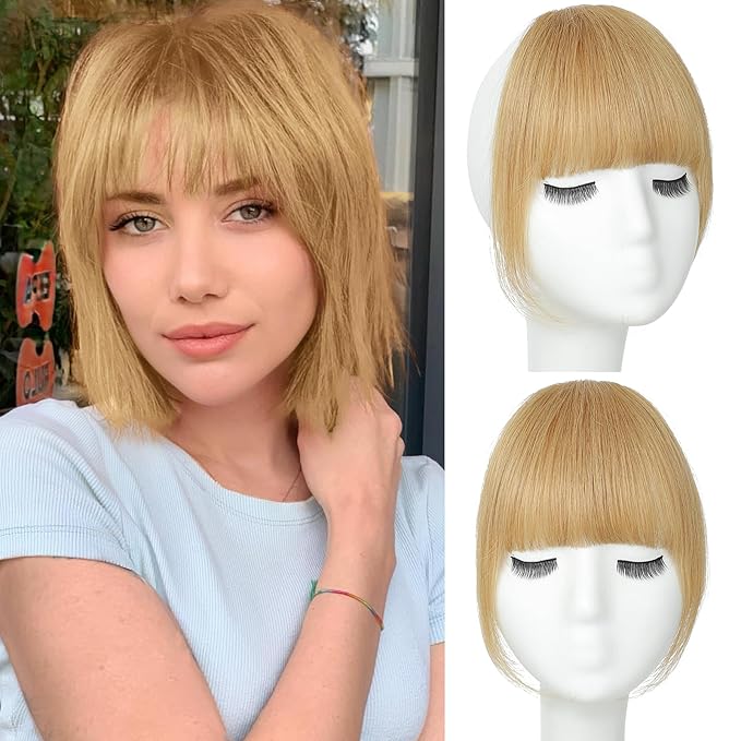 Clip in Bangs 100% Real Human Hair, French Bangs Hair Clip, Fake Bang Fringe with Temples Hairpieces for Women Daily Wear (Ash Blonde, French Bangs)