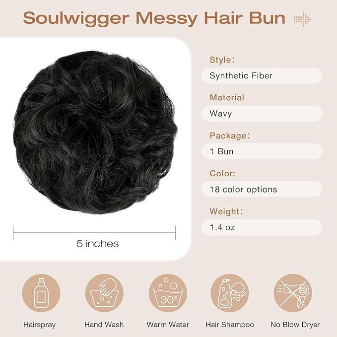 Messy Bun Hair Piece Wavy Curly Scrunchies Fluffy Donut Thick Updo Elegant Chignon Hairpieces for Women Girls, Natural Black 1.4oz