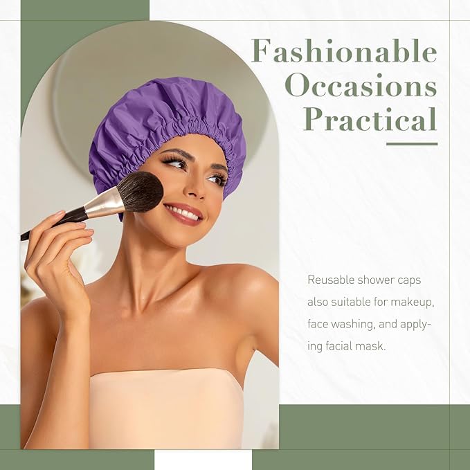 Reusable Shower Cap for Women, Large Waterproof Shower Essentials Bonnet Washable Elastic Band Bath Hair Wrap Hat for Long Hair, Braids(Lavender)