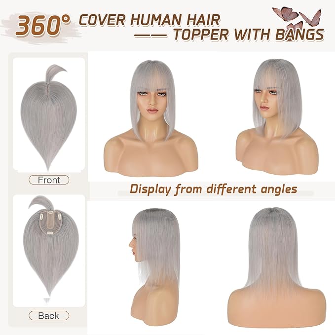Rich Choices Real Human Hair Toppers for Women With Bang 100% Remy Human Hair Topper for Thinning Hair Clip in Silk Base Hair Topper 14 Inch G1 Grey Silver