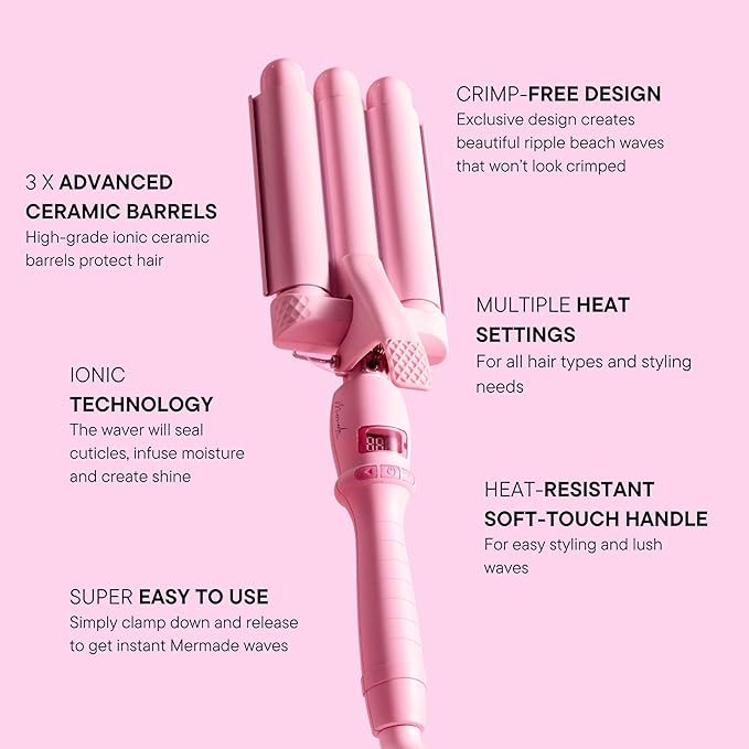 Mermade PRO Hair Waver 1" - 3 Barrel, Curling Iron 1 Inch, Ceramic Barrel Waver for Thick, Thin, Long, or Short Hair - 1", Pink