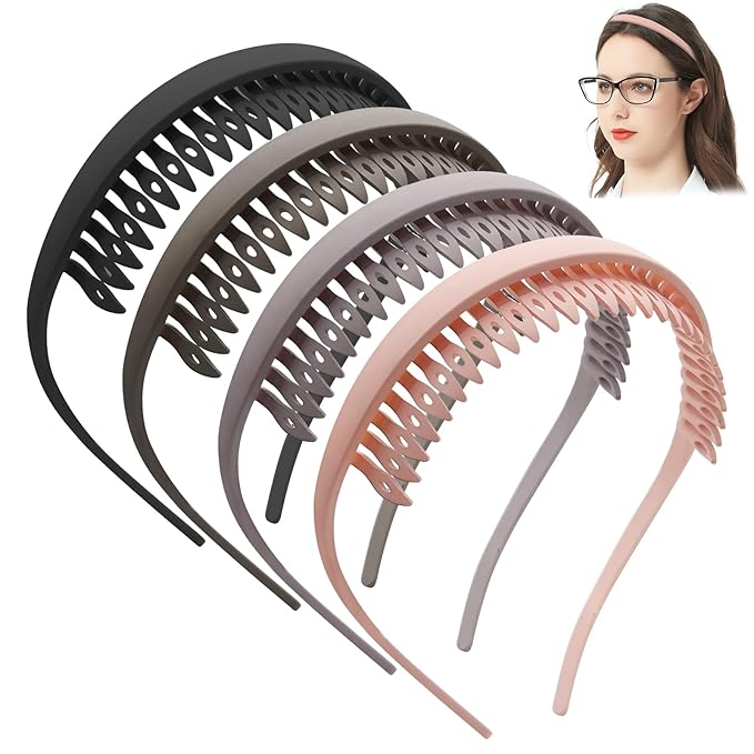 4 Pack No Pressure Headbands for Glasses Wearers – Wide teeth U-Shaped headband for no headache, no pressure, secure hold for thick and fine hair(set-A)