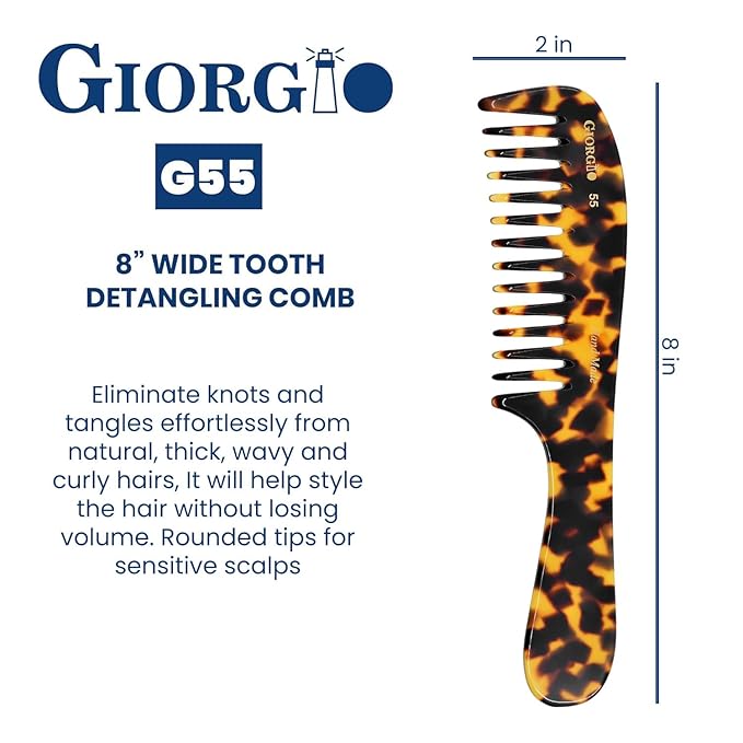 Giorgio G55 Wide Tooth Detangling Comb for Wet Hair, Handmade Large Tooth Rake Comb for Women with Thin to Medium Thickness Hair (8")