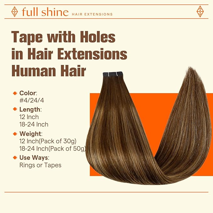 Full Shine Human Hair Tape in with Holes Color Medium Brown to Blonde and Medium Brown Seamless Tape in Hair Extensions Invisible PU Tape in Extensions Remy Hair Seamless 20INCH 20PCS 50G
