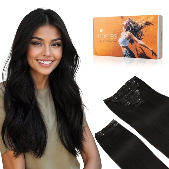 DOORES Jet Black Clip in Extensions, 150g 9pcs 14 Inch, Human Hair Natural Thick Remy Extensions Straight
