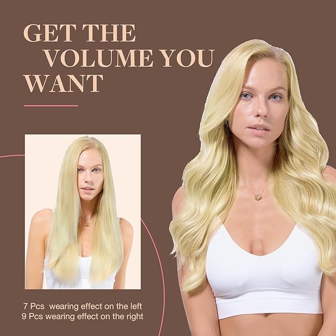 GOO GOO Clip in Hair Extensions Real Human Hair, Remy Human Hair Extensions Clip ins for Women, Natural Human Hair, 18inch 150g 9Pcs, 16/22 Light Blonde Highlighted Golden Blonde