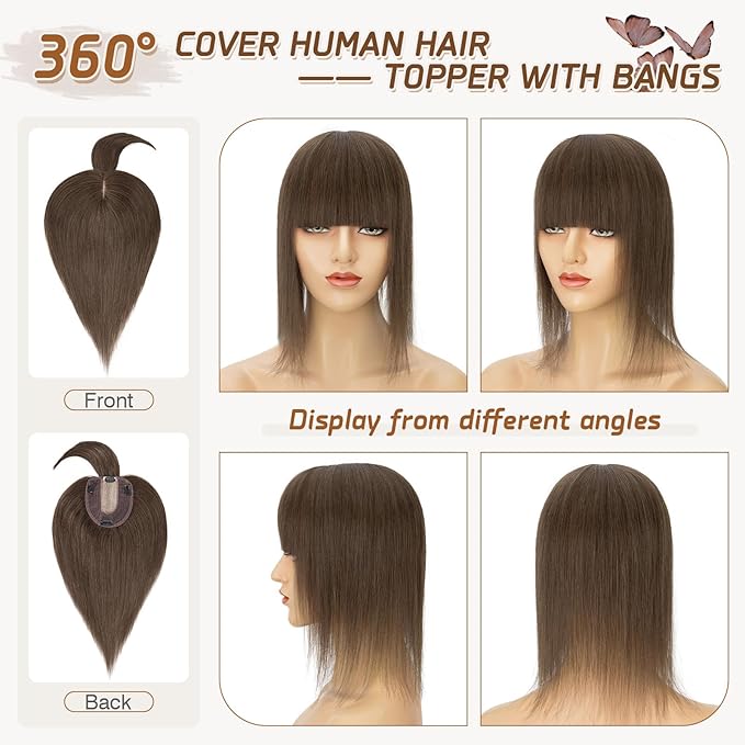 Rich Choices Real Human Hair Toppers for Women With Bang 100% Remy Human Hair Topper for Thinning Hair Clip in Silk Base Hair Topper 16 Inch #2R Chocolate Brown