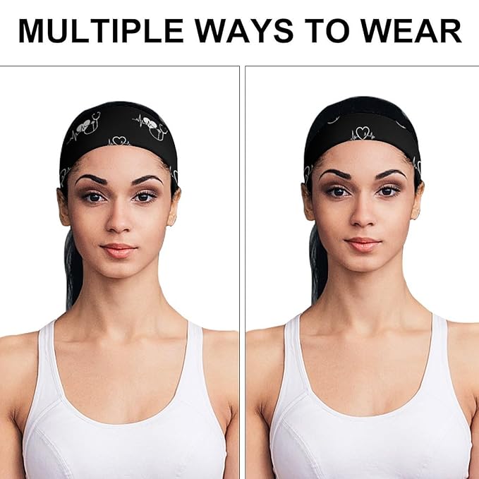 Love Heart Nurse Heartbeat Designed Black And White Headbands for Men & Women Sweat Headband Non Slip Sweatband for Running Cycling Yoga Basketball Workout
