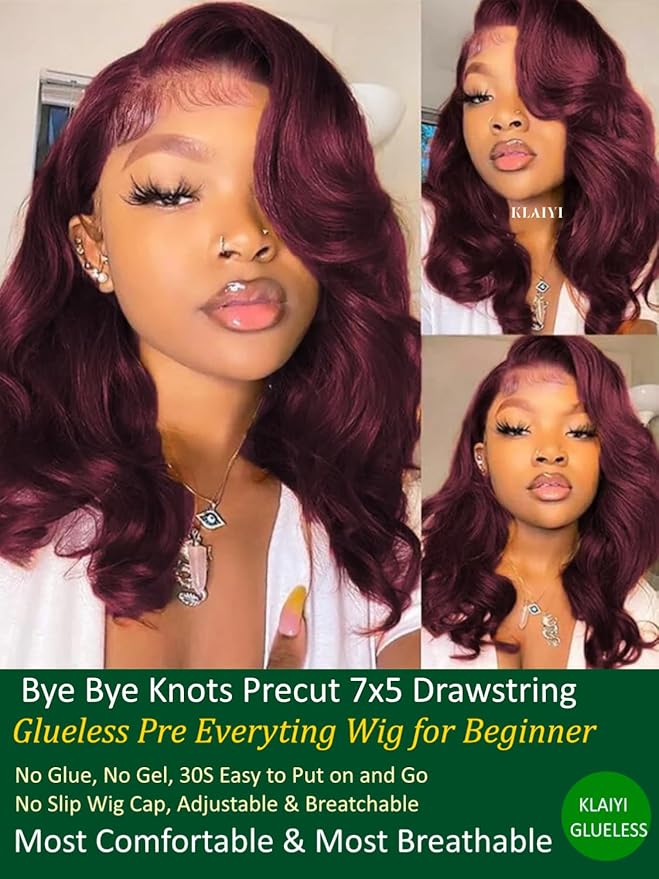 KLAIYI Black Cherry Bob Loose Body Wave Precut 7x5 HD Lace Front Wigs Human Hair Glueless Bye Bye Knots Drawstring Red Burgundy Wig with Curtian Bang Pre Plucked Bleached Ready to Put On And Go 10Inch