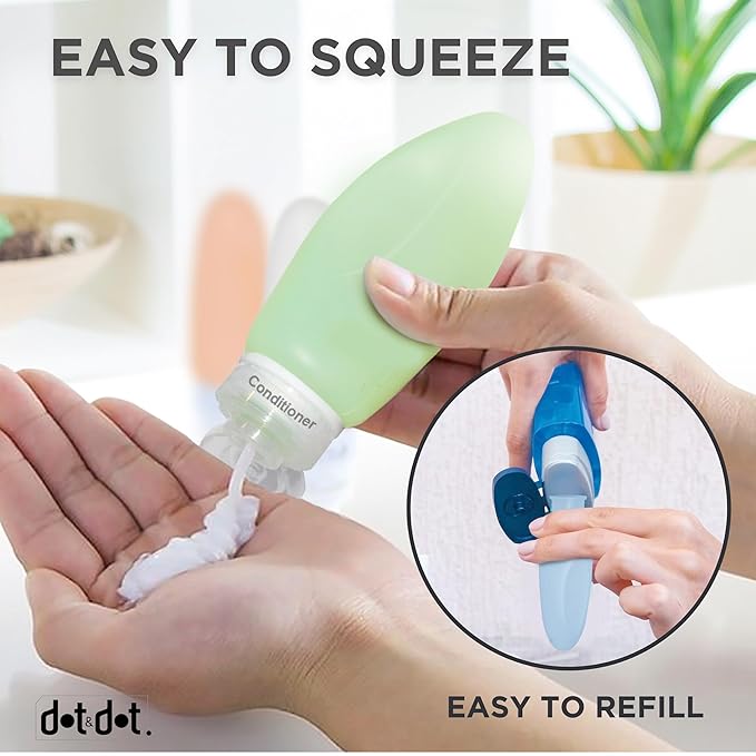 Dot&Dot Leak Proof TSA Approved Travel Bottles for Toiletries - 3oz Shampoo and Conditioner Travel Size Containers - Silicone With Labels