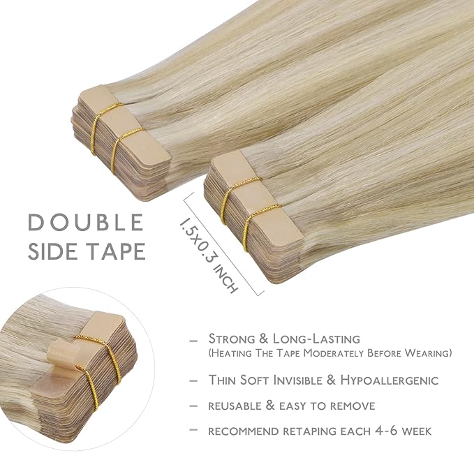 WENNALIFE Tape in Hair Extensions Human Hair, 20pcs 50g 22 inch Ash Blonde to Remy Hair Straight Tape in Extensions Skin Weft