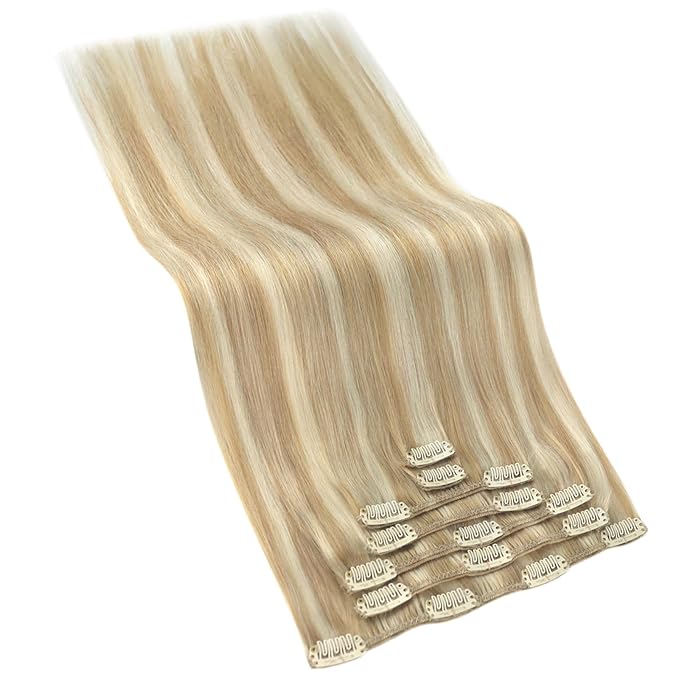 Ve Sunny Blonde Clip in Hair Extensions Highlight Human Hair Clip in Extensions for Women 12 Inch Real Hair Extensions Clip in Human Hair 80g
