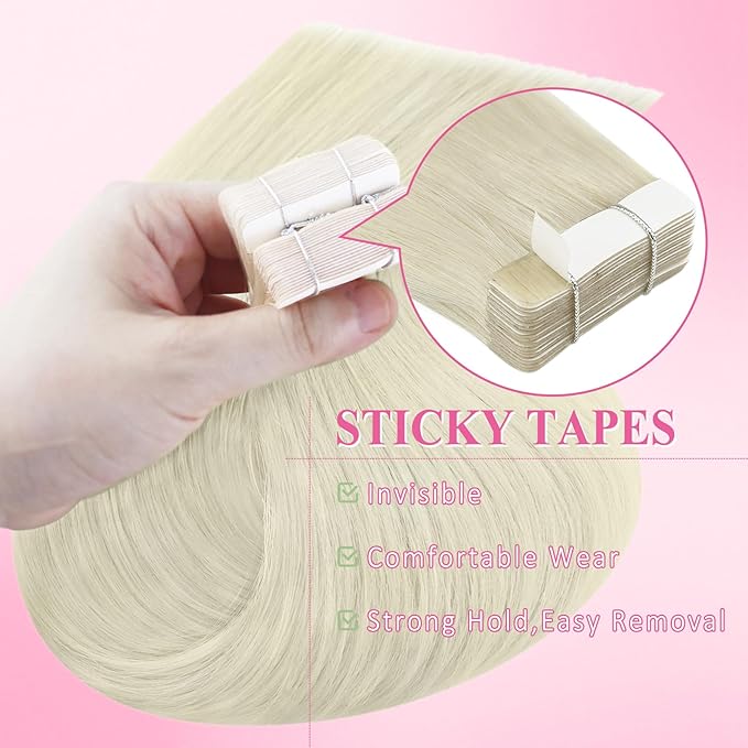YoungSee Blonde Tape in Hair Extensions Human Hair Tape in Extensions Platinum Blonde Hair Extension Tape-in Blonde 14 Inch 50g Tape-in Extension Remy Human Hair 20pcs Glue in Extension for Wedding