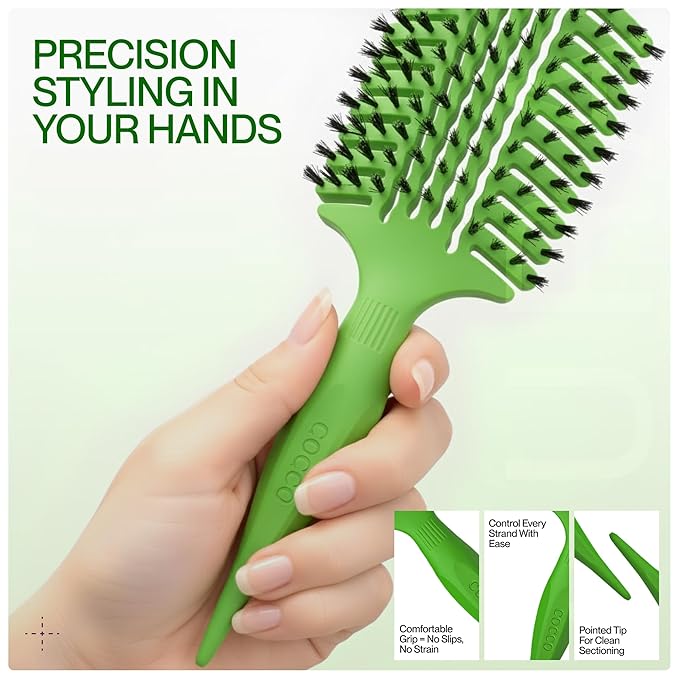 COCCO Aura Vent Boar Brush | Vented Dual-Curved Design for Faster Drying, Effortless Detangling & Shine, Boar + Nylon Bristles, Ergonomic Comfort Handle for Wet & Dry Hair Styling - Green