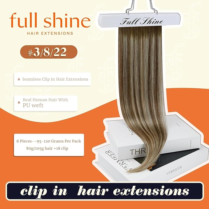Full Shine Brown Extensions clip in Balayage Brown with Blonde Seamless Hair Extension Short 12 Inch Hair Extensions Clip in Human Hair for Women 12 Inch 95 Grams 8 PCS