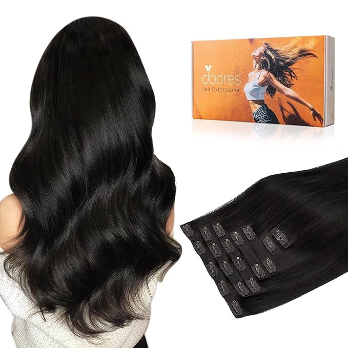 DOORES Clip in Hair Extensions, Natural Black 130g 7pcs 18 Inch, Remy Seamless Clip in Hair Extensions Invisible Edge Natural Weft