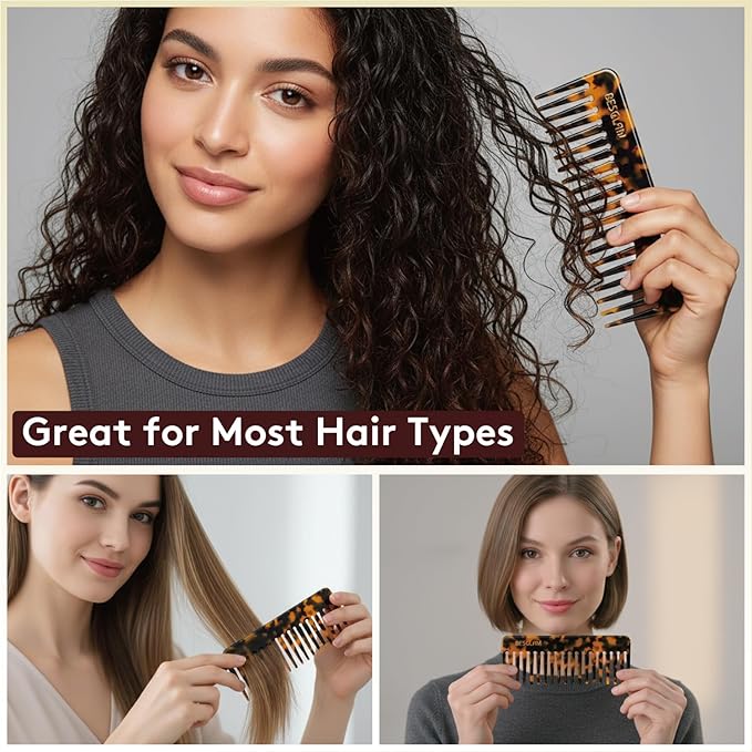 Wide Tooth Comb for Curls & Thick Hair - Large Detangling Comb for Women, 6 Inch Full-hand Length Acetate (Anti-Static), Wet/Dry Use, Reduces Breakage, (Tortoise)