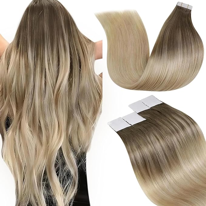 LaaVoo Tape in Hair Extensions Human Hair Brown to Ash Blonde Tape in Human Hair Extensions Seamless Tape on Hair Extension Silky Straight Hair 12inch 20pcs 30g