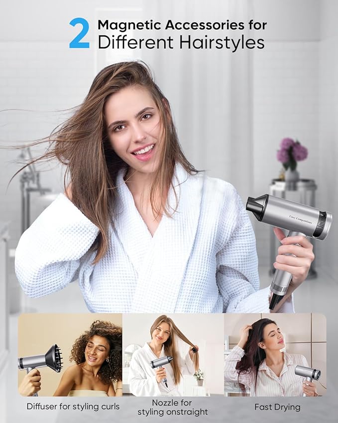 Cosy Companions Hair Dryer - High-Speed 150,000 RPM Hairdryer for Fast Drying, 500Million Negative Ionic & Thermo-Control & Cool Shot Button & HD Display Blow Dryer with Magnetic Diffuser & Nozzle