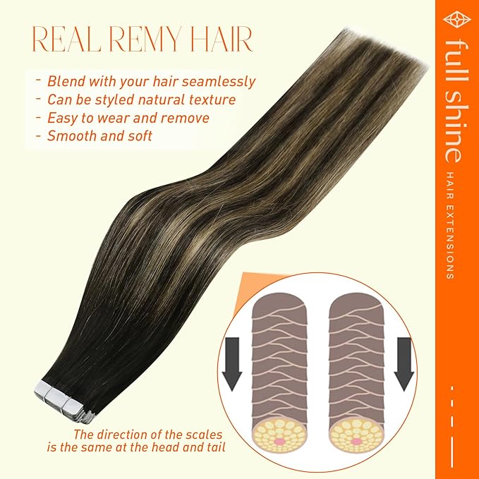 Full Shine Tape Hair Extensions Human Hair 12Inch Hair Extensions Tape in 30G Color 1B Off Black Ombre 27 Honey Blonde and 1B Straight Tape in Extensions Balayage Soft Remy 20Pcs for Daily Wear