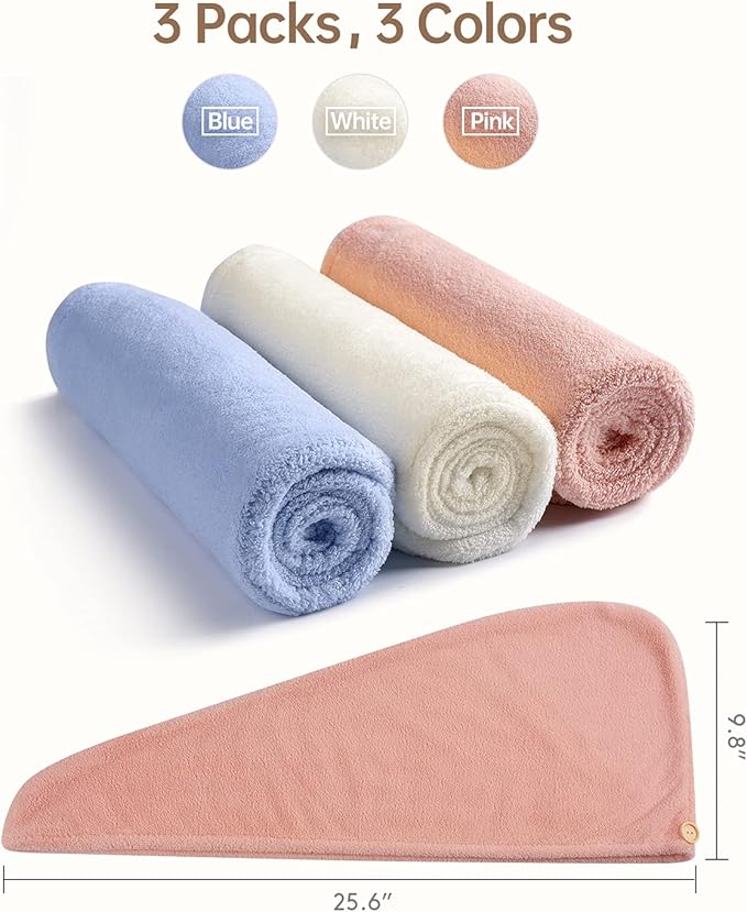 YFONG 3 Pack Microfiber Hair Towel Wrap for Women Girls, Super Absorbent Turban Towels for Drying Wet Hair, Anti Frizz Head Towels for Curly All Hair Style, Turbie Twist (Blue, Pink, White)