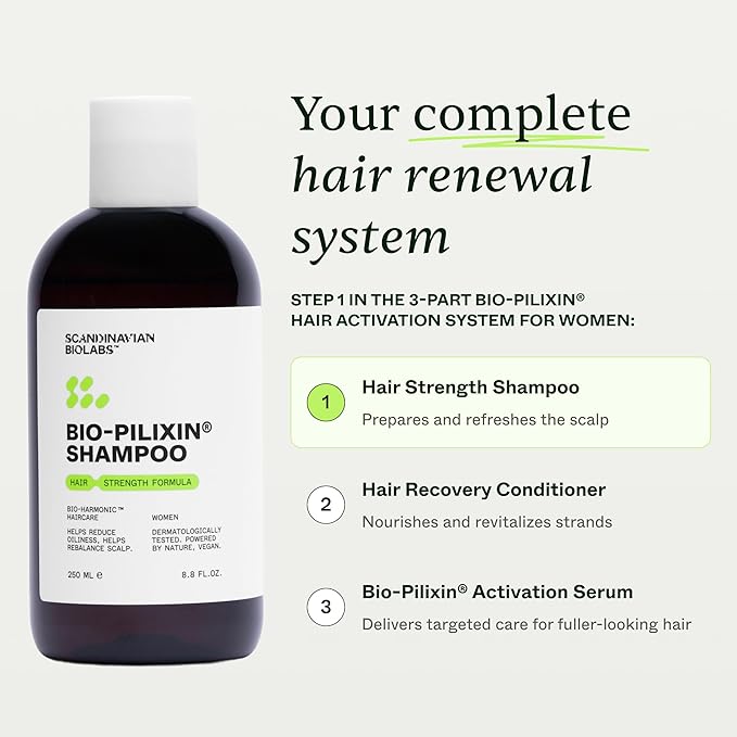 Scandinavian Biolabs Bio-Pilixin® Shampoo For Women | Strengthens Hair, Helps Greasiness, Balances Scalp, Eucalyptus Aroma, Dermatologically Tested, Made in Denmark, 250 mL/ 8.8 Oz