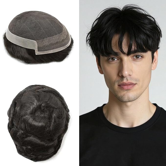 Toupee For Men Swiss Lace Hair System For Mens ToupeeL Human Hair Lace Hair Piece For Mens Toupee Hair Units 8X10#1B Off Black 120% Density