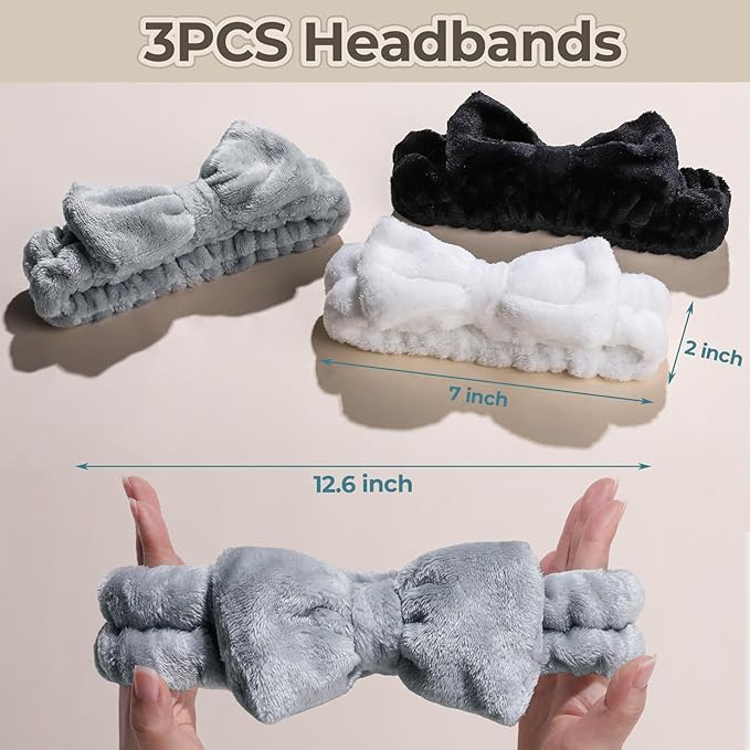 LEOBRO Spa Headband for Skin Care and Makeup, Women Teen Girls Headband for Washing Face, with Hair Bands, Hair Scrunchies, Black & White & Gray
