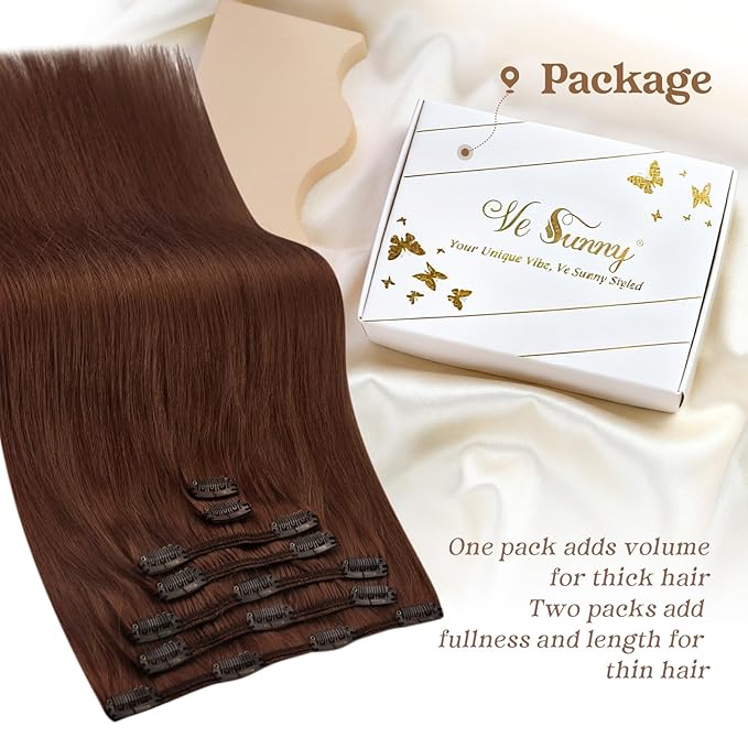 Ve Sunny Clip in Hair Extensions Real Human Hair Dark Auburn Red Remy Human Hair Clip in Extensions Full Head Straight Real Hair Extensions For Women 7pcs 120g 18 inch