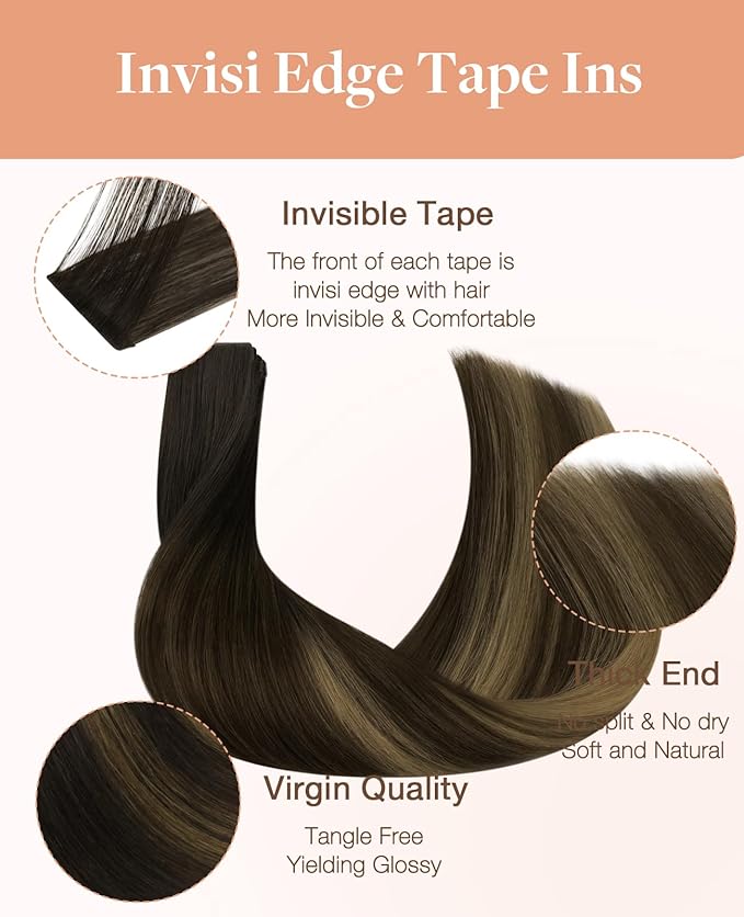 GOO GOO Invisi Edge Tape in Hair Extensions Human Hair, 2/6/2 Balayage Dark Brown to Chestnut Brown, 20pcs 18inch 50g, Virgin Remy Hair, Seamless Injected Tape, Natural Look