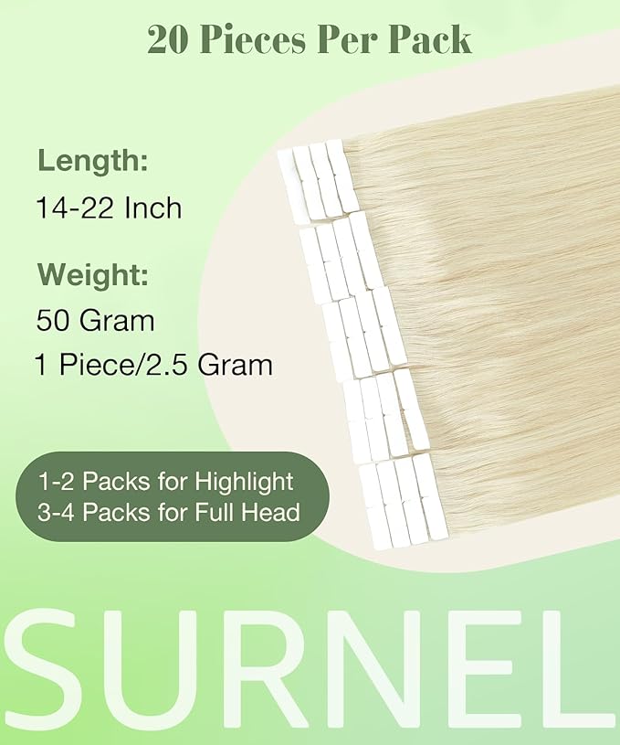 SURNEL Tape in Extensions Real Human Hair Soft #60 Platinum Blonde Tape in Hair Extensions 18 inch 20pcs 50g(#60-18)