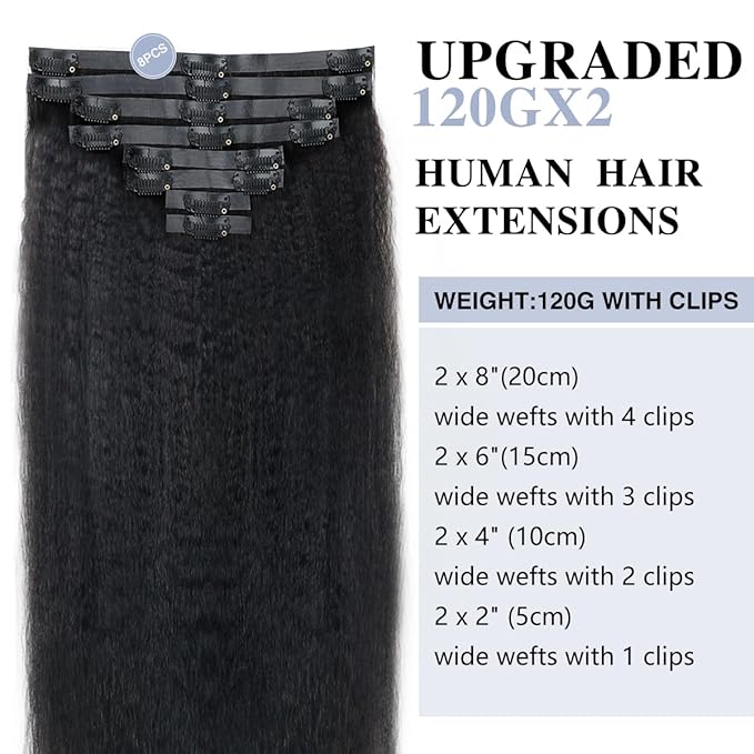 Kinky Straight Clip in Hair Extensions Real Human Hair 2 Pack 240g Seamless Clip in Hair Extensions for Women Full Max with 16Pcs PU Skin Weft 18inch Natural Black