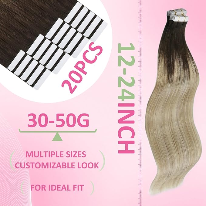 YoungSee Human Hair Tape in Extensions Ombre 14In Invisible Tape ins Hair Extensions Human Hair Balayage Dark Brown Ombre Blonde Tape-on Natural Hair Extension Silky Straight 50g 20pcs
