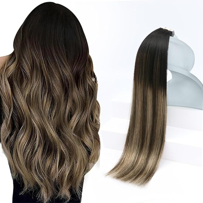 Sunny Hair Tape in Hair Extensions Human Hair Remy Hair Extensions Tape in, 24inch Black Brown Balayage Ash Blonde Tape in Human Hair Extensions Add Length for Wedding 20Pcs 50g