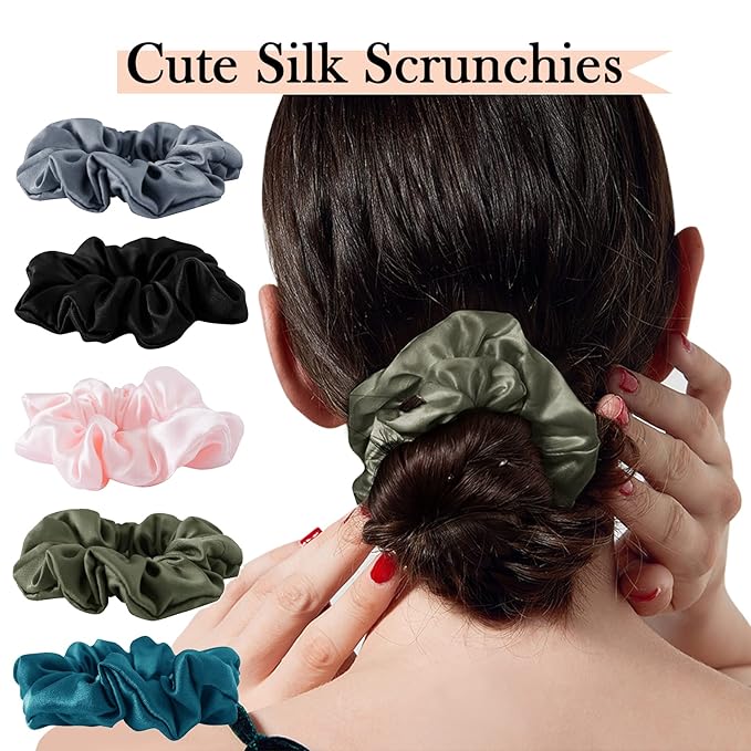 Mulberry Silk Hair Scrunchies, 5 Count, 100% Silk, No Damage for Frizz Prevention, Sleep and Night Scrunchie, Hair Accessories for Women (Peacock Blue, Metallic Gray, Army Green, Black, Pink)