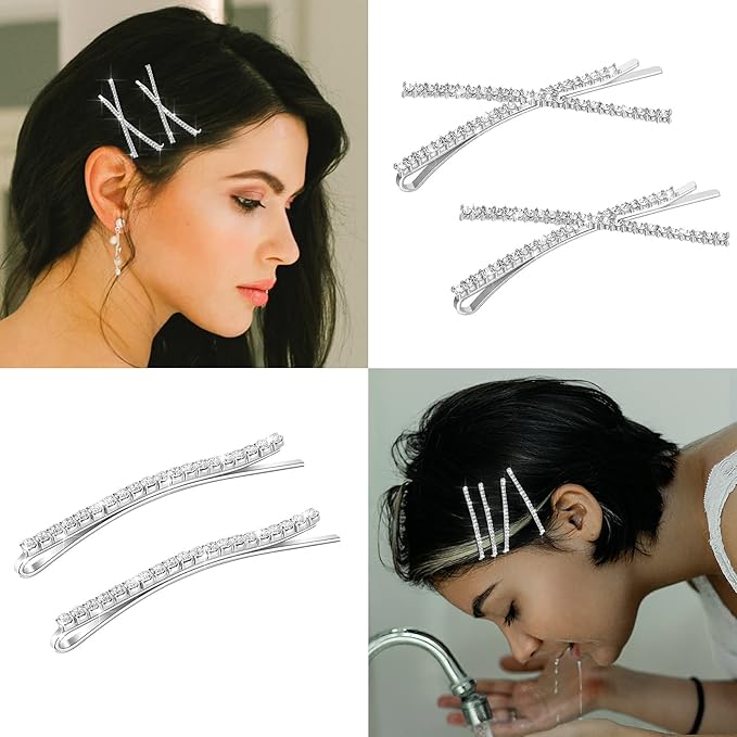 12 Pieces Rhinestone Bobby Pins Decorative Fancy Crystal Hair Clips Shiny Metal X Shaped Barrettes Bling Diamond Wedding Bridal Shower Hair Accessories for Women Ladies Girls (Silver)
