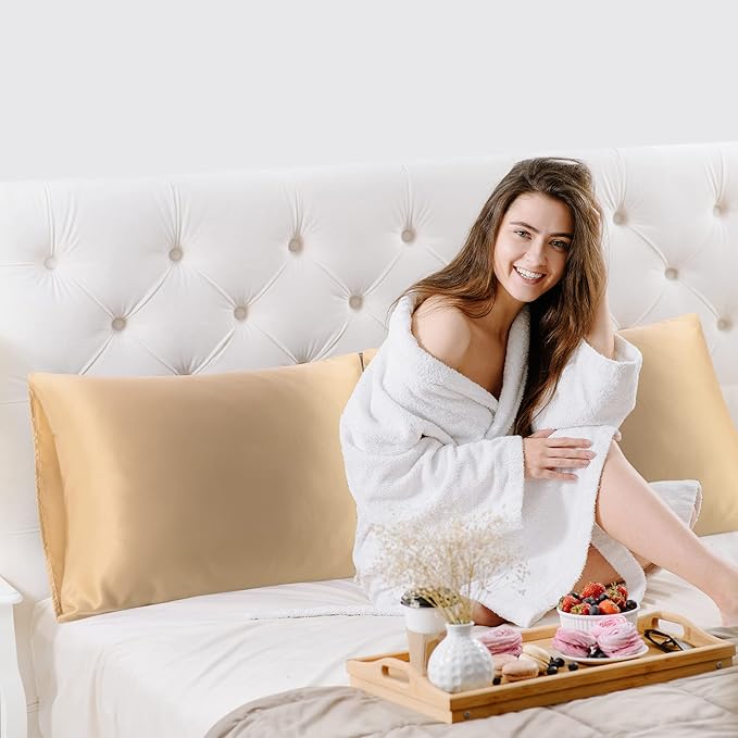uxcell 2 Pack Silk Satin Pillowcase for Hair and Skin, Cool, Silky, Soft Breathable Pillow Cases Queen Size 20x30 Inch Sateen Pillowcase Caramel with Envelope Closure
