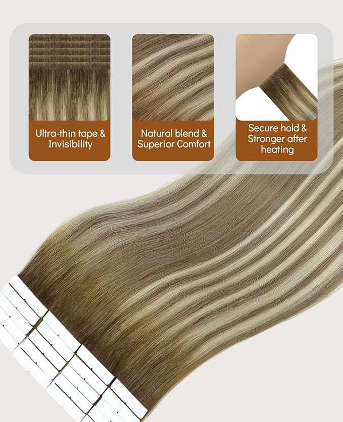 VINBAO Invisi Edge Tape in Hair Extensions Balayage Ombre Walnut Brown to Ash Brown and Blonde 45g 20pcs Injection Tape in Human Hair Extensions Invisible 16inch #3/8/22