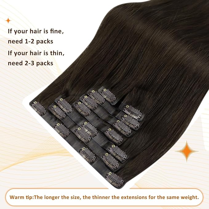 Full Shine Seamless Clip in Hair Extensions Human Hair Dark Brown Real Hair Clip in Extensions Straight Invisible Brazilian Hair Extensions Clip ins 20 Inch 120 Grams 8 Pcs