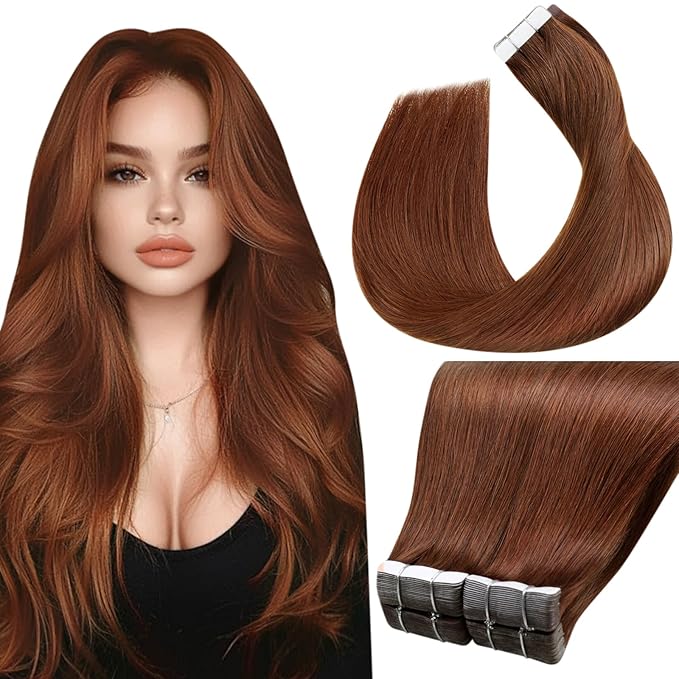 LaaVoo Tape in Extensions Human Hair Auburn Brown Hair Extensions Tape in Seamless Tape on Hair Extension Soft Hair 14inch 40pcs 100g