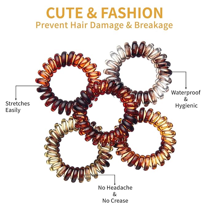 16Pcs Spiral Hair Ties, (Amber) Hair Elastic Coils for Women and Girls, Waterproof Phone Cord Hair Scrunchies Accessories Bands for Ponytails and Updos