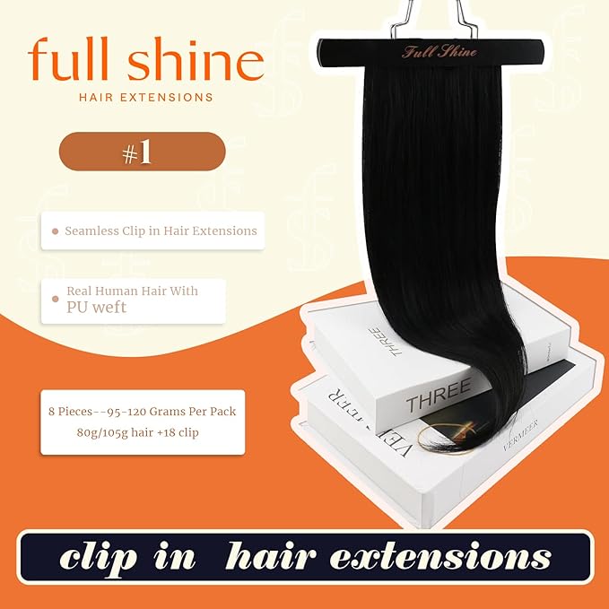 Full Shine Black Clip in Hair Extensions 18 Inch Seamless Clip ins Extensions Real Human Hair Black Human Hair Extensions for Women with PU Weft Softness 8 PCS 120 G