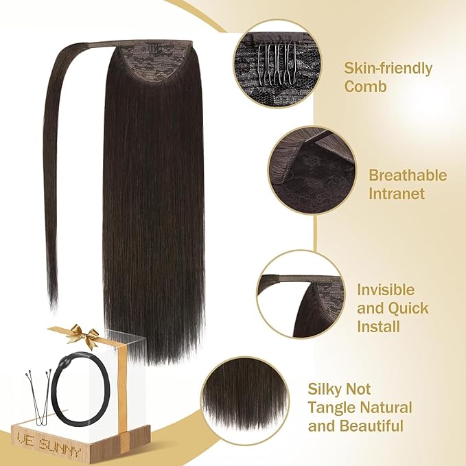 Ve Sunny Hair Extensions Ponytail Real Human Hair Wrap Around Clip in Ponytail Hair Extensions Straight Extensions Human Hair for Women Brunette Dark Brown 22inch 80G