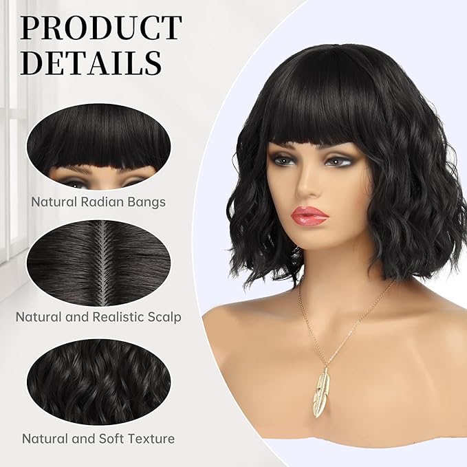 Short Black Bob Wig With Bangs Synthetic Natural Hair Wigs for Women Shoulder Length Wavy Wig 1B Water Wave(14Inches)