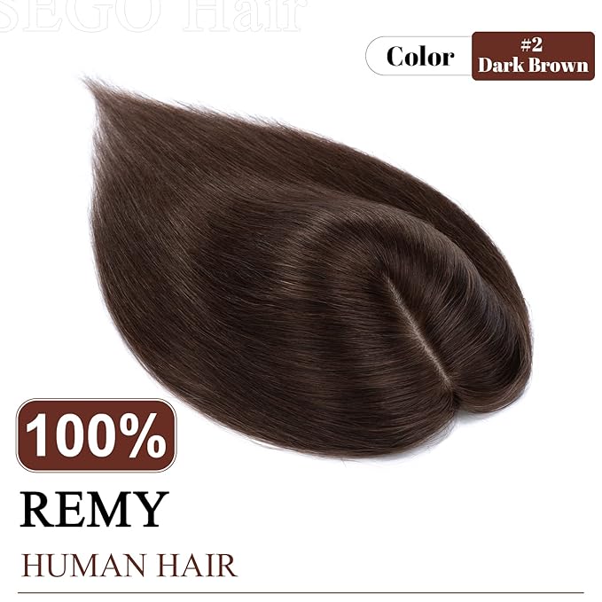 SEGO Real Human Hair Topper for Women, No Bangs Hair Topper with Anti-Slip Clips (14 Inches Dark Brown)